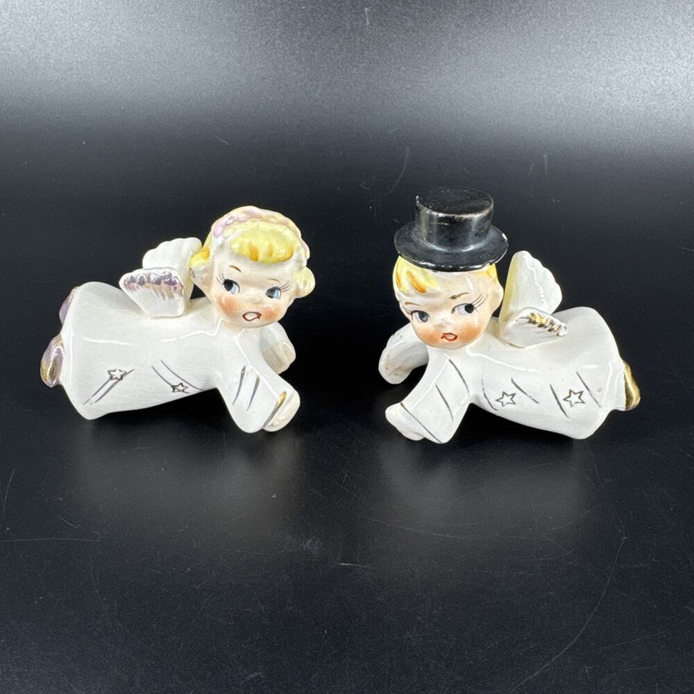Vintage Relco Creation 5A49 Japan Climbing Angels Bride Groom Top Hat Set